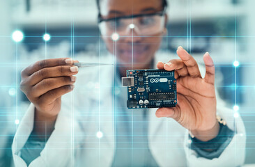 Overlay, engineering and hardware with black woman in laboratory for research, monitor and programming. Technology, data and microchip with person for electrician, maintenance and electrical system