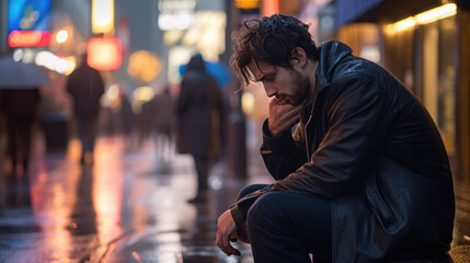 Tired, depressed man on a city street.