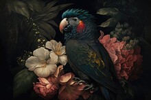 Large Colored Tropical Parrot In The Dark Mystical Jungle Rainforest Among The Foliage And Flowers Background Illustration Generative AI