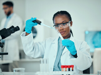 Wall Mural - Science, blood and research, black woman with test tube in laboratory and medical engineering solution. Biotechnology, vaccine study and liquid in pipette, scientist or lab technician checking sample