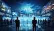 © lililia - Group of people looking at hologram screen. System engineering. Data library. Created with Generative AI technology.