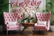 Modernes Wohnzimmer Interieur, Sitzecke, zwei pinke Ledersessel vor grüner und weißer Tapete mit pinken Schmetterlingen und Pflanzen, Holzparkett, Beistelltisch mit Orchideen