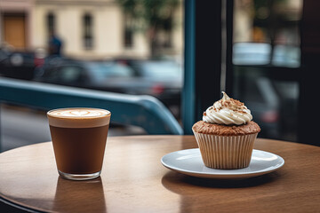 cupcake with a cup of coffee, modern setting