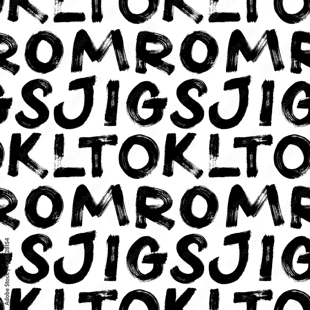 Kind Lettering Rough Brush drawn alphabet letters seamless pattern. Grunge style texture ...