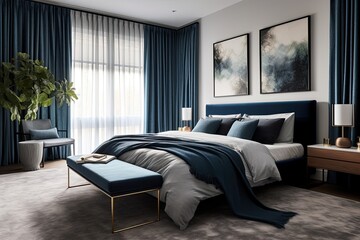 Poster - a contemporary bedroom with blue curtains and carpet.