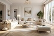 © The 2R Artificiality - Luxurious living room with bright interior, chic beige furniture, gold accents, floor to ceiling window, and wooden flooring.