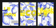 Hand Drawn Lemon Fruits Posters Set. Blue And Yellow Vector Illustration In Engraving Style. Design Forposter, Packaging, Invitation, Greeting Cards.