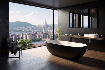 Wall Mural - a modern, minimalist bathroom with dark brown parquet floor, white and black bathtub, marble wash basin, and city view.