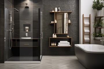 Canvas Print - Luxury contemporary bathroom interior featuring a shower cabin with decorative walls, a tile floor, a shelf with cove light, and bath accessories in a .