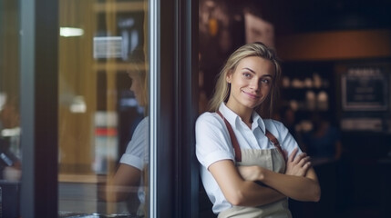 Wall Mural - Woman standing smile at the workplace of start-up, small business owner of product for delivery to the customer, Online selling, e-commerce, in his coffee shop or restaurant, successful owner concept