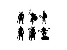 Viking Silhouette. Silhouette Of Viking Wearing Bear Skin Holding An Axe. The Silhouette Of Viking In A Helmet With Double Axe And Knife.