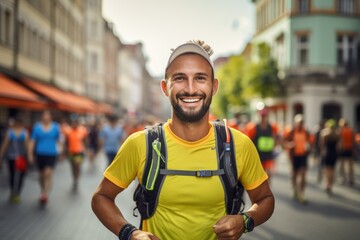 Canvas Print - Portrait of a pleased, man in his 30s that is tracking a marathon route wearing shoes with integrated GPS against a city marathon event with digital checkpoints background. Generative AI