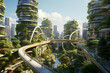 Futuristic city blending greenery & architecture with rooftop gardens & solar panels.
