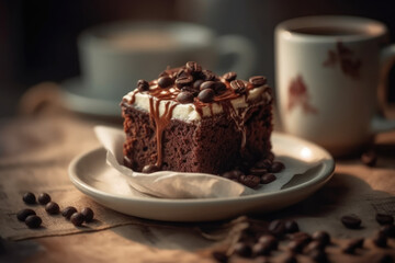 Chocolate Brownie with Cream and Roasted Coffee Beans. Chocolate Cake with Coffee. Sweet Dessert and Beverage