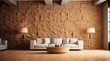 Interior Of Modern Design Room And Sofa With Cork Wall Behind.