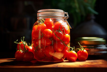 There Are Pickled Tomatoes In A Jar On A Table, And Many Fresh Tomatoes Next To Them