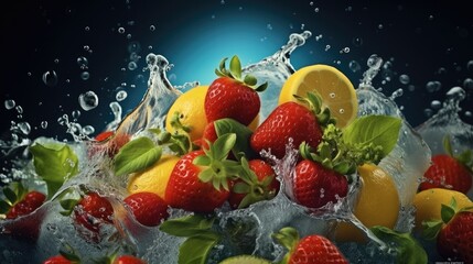 Poster - Fruits and vegetables splashing into clear water white background, Wholesome immersion, Nutrition and vitamin theme.