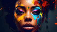 Painting Of A Pretty Young African American Woman With Black Paint And Colorful Paint On Her Face.