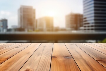 Aufkleber - Empty wood table top on blurred of office building background.