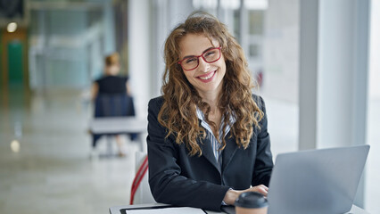 Sticker - Young woman business worker using laptop smiling at the office