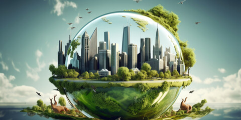 Wall Mural - Planet earth with Modern ecological city with wind turbines, alternative energy and ecology. generative ai