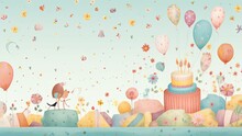 Cartoon Happy Birthday Watercolor Wallpaper With Cake And Balloons, Layout For Birthday Wishes And Celebration Background With Copy Space For Text