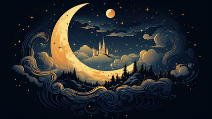 creative illustration of a golden crescent moon in the clouds.