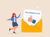 Fototapeta  - Recommendation letter concept. Education reward. Appreciation document for apply new job, experience or qualification guarantee, happy businesswoman with recommendation letter in email envelope.