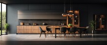 Large Kitchen Room With Modern Interior Design With Wood Table And Chairs For Home Against The Background A Dark Classic Wall, Generative AI