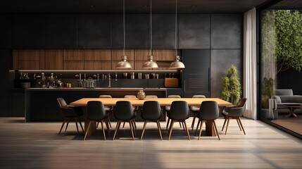 Wall Mural - large kitchen room with modern interior design with wood table and chairs for home against the background a dark classic wall, Generative AI