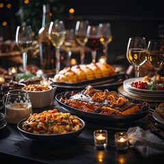 Christmas dinner table full of dishes with food and snacks, New Year's decor with a Christmas tree in the background, menu for the holiday