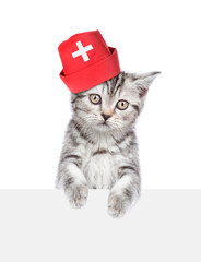 Aufkleber - Cat dressed like a doctor looks above empty white banner. isolated on white background