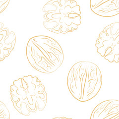 Wall Mural - Walnuts seamless pattern. Line art vector illustration. Nuts background.