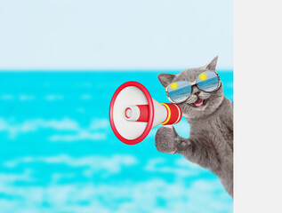 Poster - Happy cat wearing mirrored sunglasses screams into megaphone and looks from behind empty white banner at summer beach