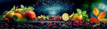 Healthy Food Diet Freshness Concept. Fresh Multi Fruits Splashing Clean Water. Isolated Dark Background AI Generated.