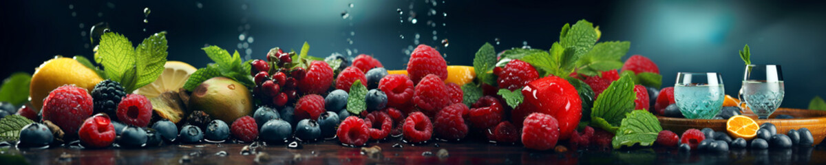 Wall Mural - Healthy food diet freshness concept. Fresh multi fruits splashing clean water. Isolated dark background AI generated.