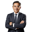 Business man portrait isolated on white transparent background, Asian businessman in suit and tie, crossed arms, PNG