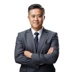 Wall Mural - Business man portrait isolated on white transparent background, Asian businessman in suit and tie, crossed arms, PNG