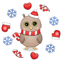 Cute Cartoon Owl With A Red Scarf And Hat In A Winter Frame. Christmas Vector Illustration Of An Animal With Hearts, Mittens, Berries, Snowflakes On A White Background.