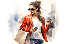 Watercolor painting of shopping woman