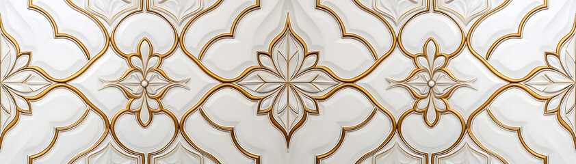 Luxury Semi-Gloss Wall background, elegant white and gold 3d embossed creative pattern, Panoramic