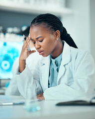Aufkleber - Stress, black woman or scientist with headache in a laboratory suffering from burnout, migraine pain. Exhausted, frustrated or tired African doctor working on science research with fatigue or tension