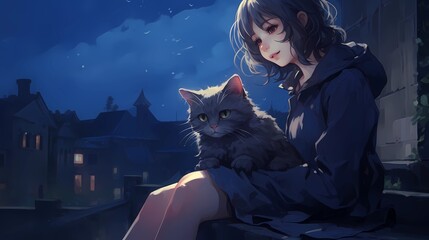 Wall Mural - Anime sexy girl and cat illustration.Phone Wallpaper.Character Design Concept Art Book Illustration Video Game Digital Painting. CG Artwork Background. Generative AI
