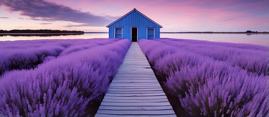 boathouse at the end of pier, purple home and  lake concept, generative AI