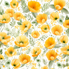 Wall Mural - Seamless Watercolor Patterns of Yellow Flowers and green leaves in pastel colors. Floral background