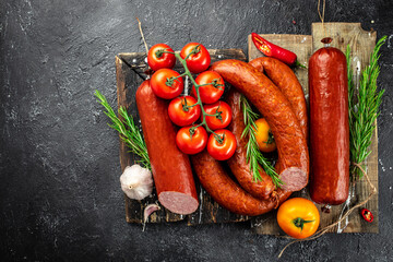 Wall Mural - Set of smoked sausage, salami on a dark background, banner, menu, recipe place for text, top view