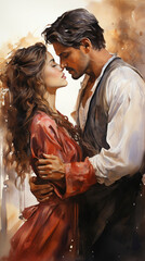 Love romantic couple painted in watercolor, cover for romance novel. Man and woman hug each other.