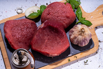 Wall Mural - Raw beef steak cooking background