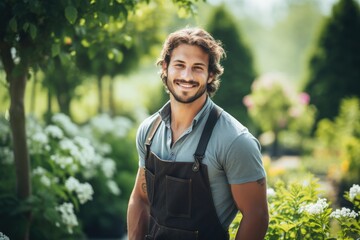 Handsome sporty male gardener smiling in the garden