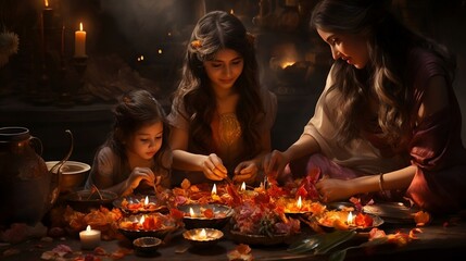 Smiling Indian family putting burning candle on altar